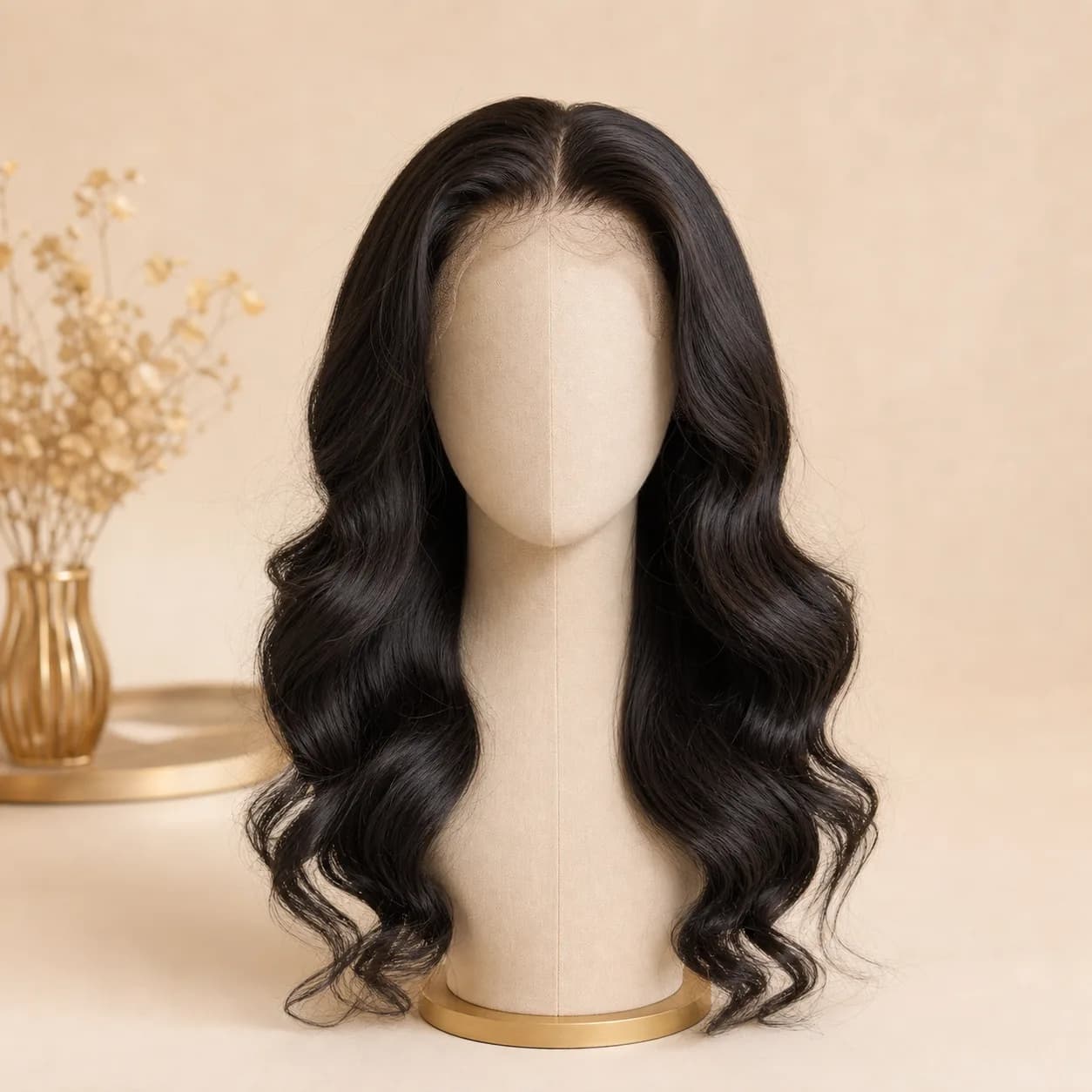 Body-wave wig displayed in an elegant cream and gold studio